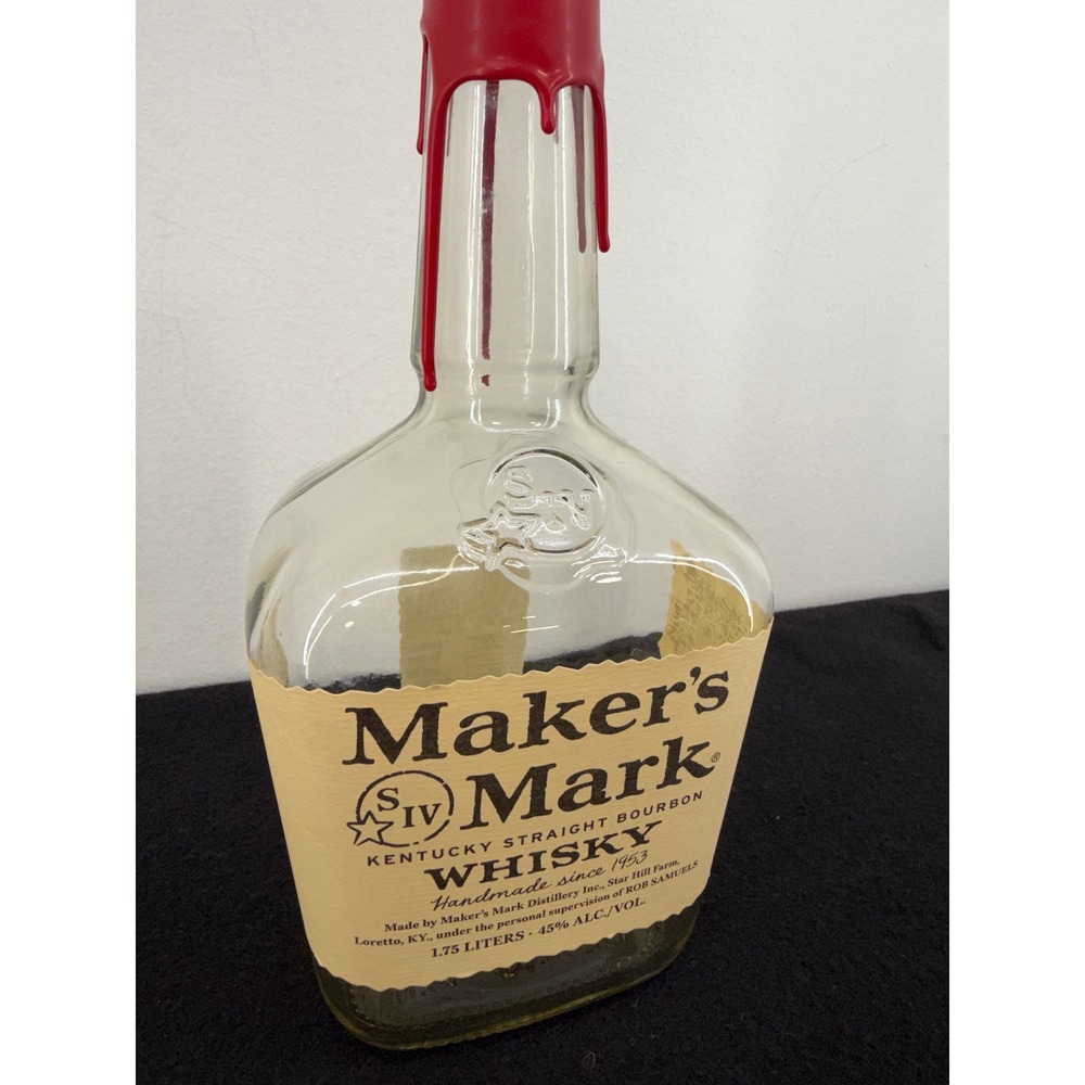 Makers Mark 1.75L Empty Bourbon Whisky‎ Bottle Red Wax Seal Bar Decor Upcycle
